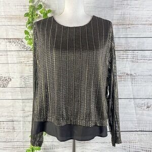 Halston Blouse Top size Large Black Gold Stretch Dinner Cocktail Evening Modest